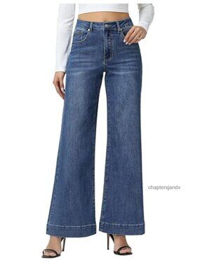 Wide Leg Jeans High Waisted Stretch Denim Pants